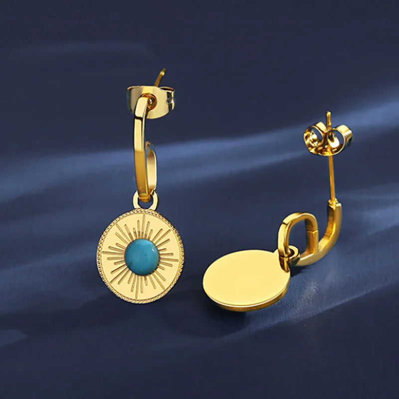 Stainless Steel Gold Plate Turquoise Stone Pendant Dangle Drop Earring Women Earrings Jewelry