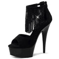 New Banquet Black Tassel Shiny Thin Heel 15 cm Stripper High Heels Pole Dance Leaky Toe Platform Club Large Sandals