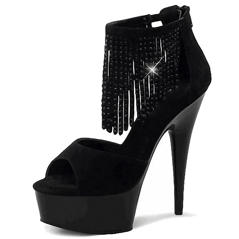New Banquet Black Tassel Shiny Thin Heel 15 cm Stripper High Heels Pole Dance Leaky Toe Platform Club Large Sandals