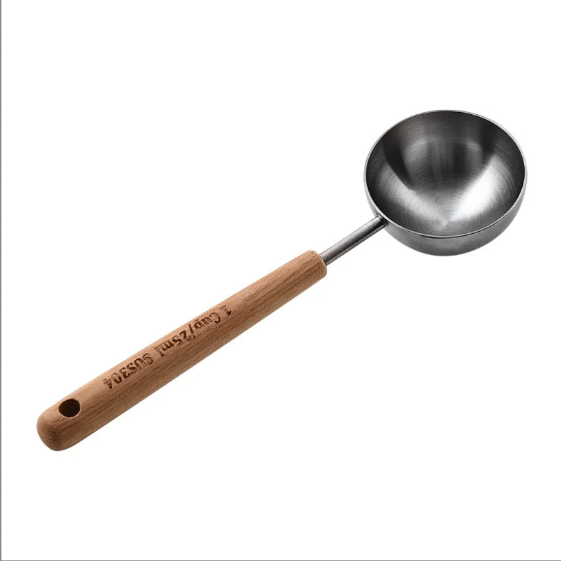 Wood Handle Eco-Friendly Deepening Kitchen 304 Stainless Steel Coffee Bean Multi-serving Measuring Spoon