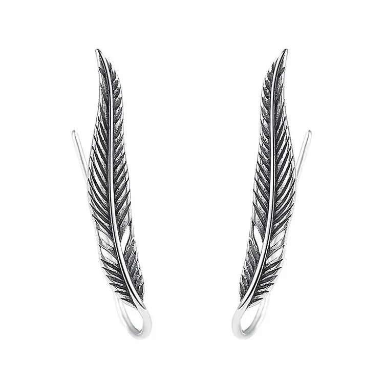 SC Gothic Antique Silver Long Feather Earrings Personalized Punk U Shaped Feather Ear Climber Earrings for Women