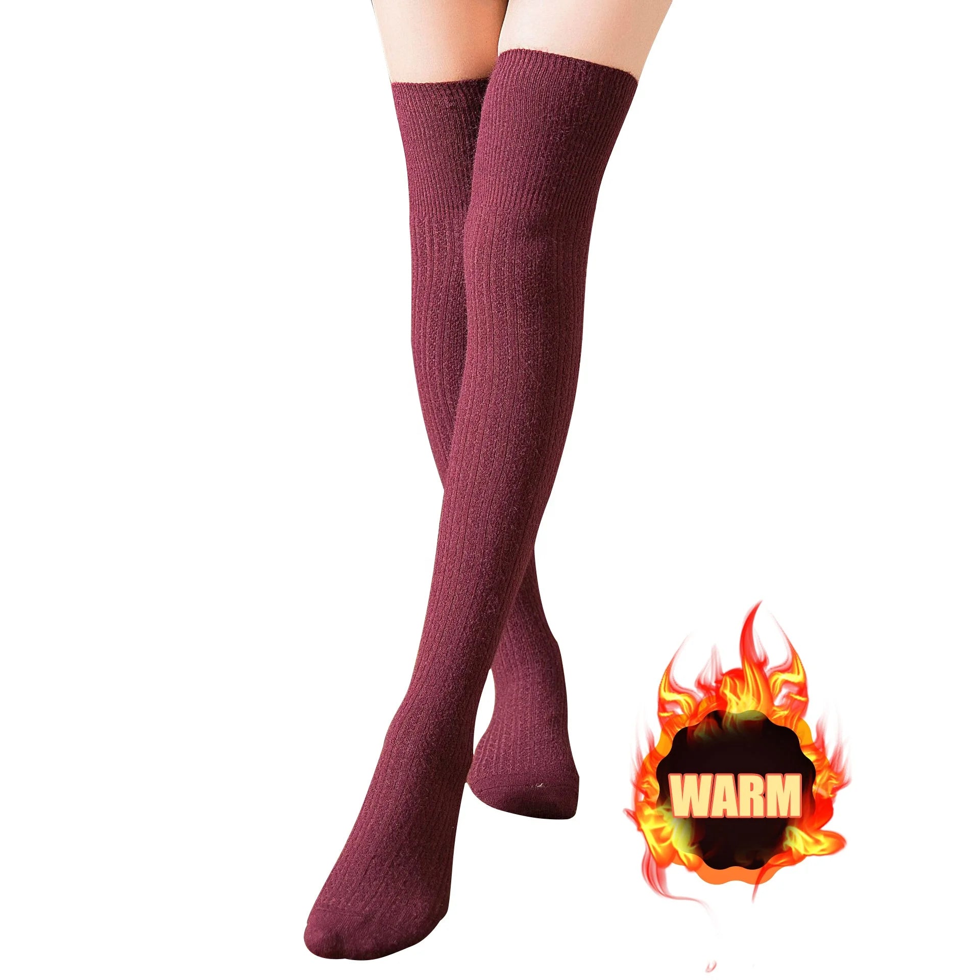 Black Gray Anti-Slip Winter Warm Wool Socks Women Long Over-the-Knee Thick Thigh High Knitted Custom Logo Casual Print Design