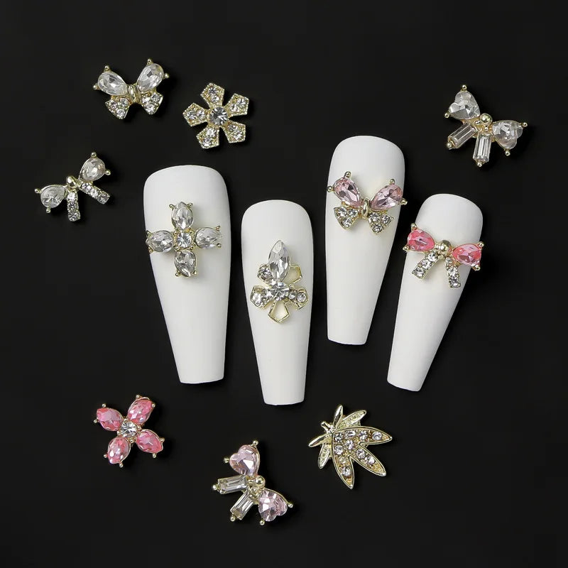 3D Gold Silver Shiny Diamond Nail Crystal Manicure Accessory Alloy Maple Leaves/crosses/bows Nail Art Rhinestone