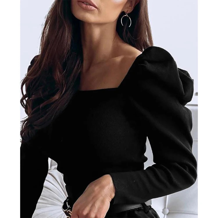 New Style Square Neck Tight-Fitting All-Match Women's T Shirt Breathable Eco-Friendly Digital Printing Casual Puff Sleeve Design