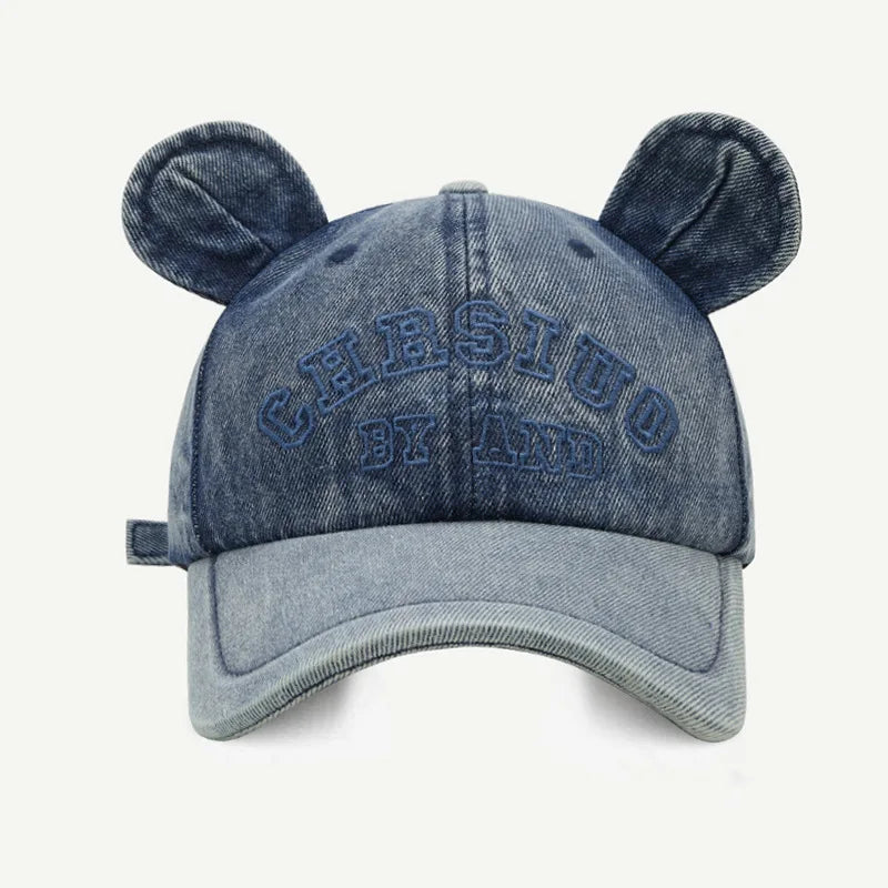 Korean Design 3D Bear Ears Denim Baseball Cap Outdoor Unisex Classic Dad Trucker Hat Retro Letters Hip-hop Grunge Girl Caps
