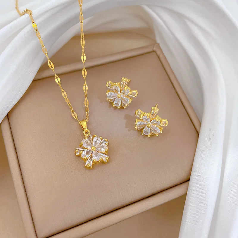 Hot Sale Luxury Double-Layered Flower Zircon Stainless Steel Earrings Necklace for Women