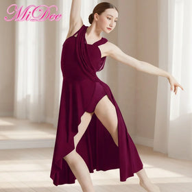 MiDee Women's Lyrical Dance Dress Camisole With Mesh Ribbon Asymmetrical Slit Skirt and Backless Wrap Drape for Stage