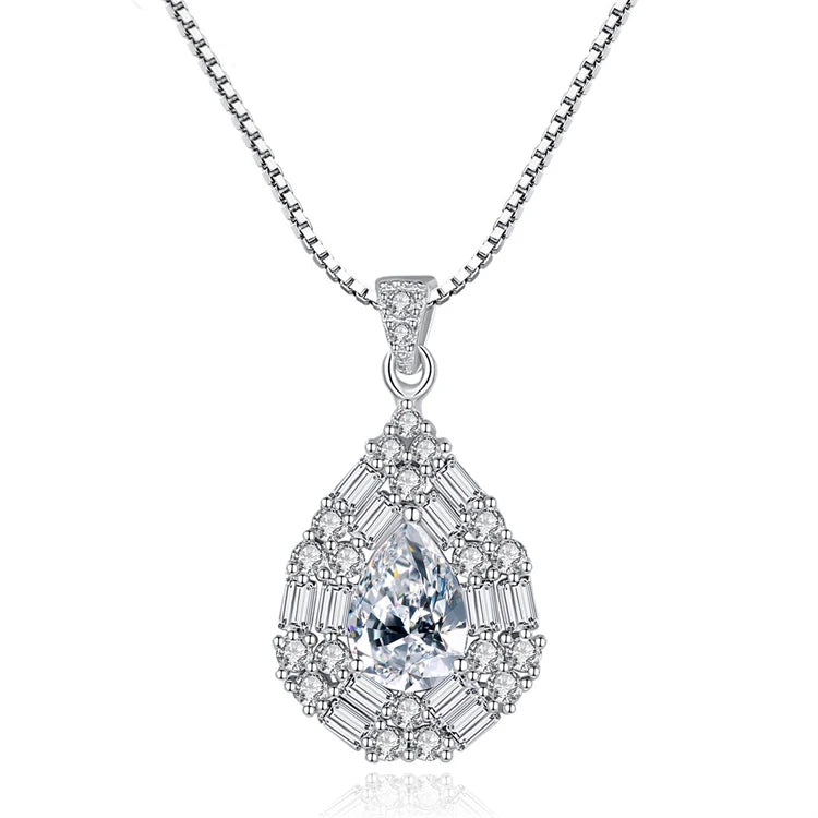Fine Jewelry Water Drop Pendant 925 Sterling Silver Pear Shape Diamond Necklace for Women