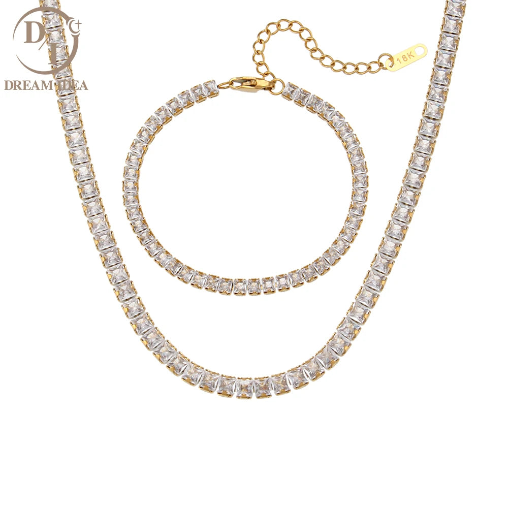 Luxury Female Jewelry 18K Gold Plated Stainless Steel Zircon Tennis Chain Choker Necklace Bracelet Set