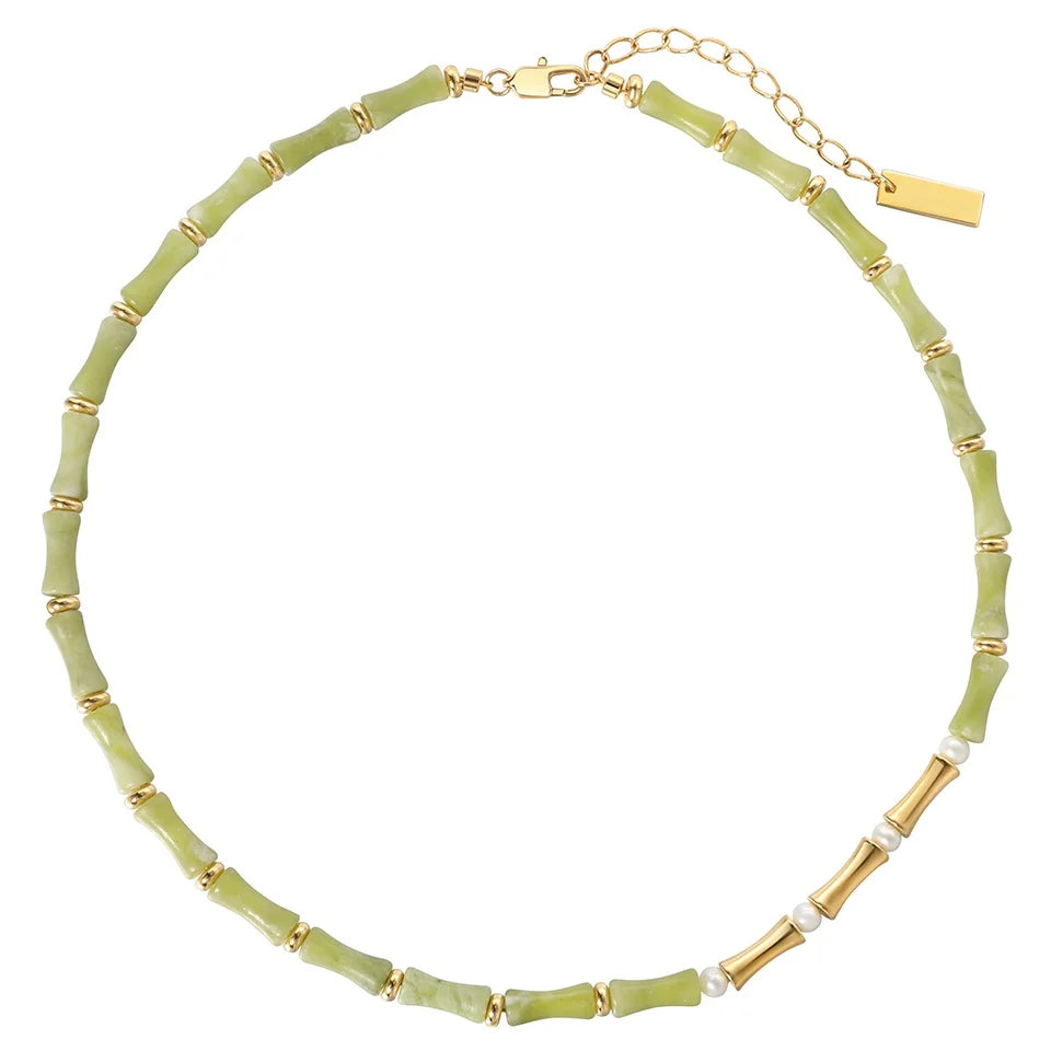 Original Design High Grade Natural Green Jade Stone Bamboo Bead Pearl Necklace Women Jewelry Customized