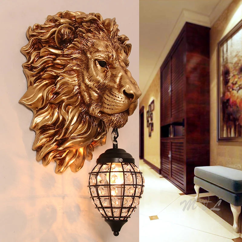 European Retro Wall Lamps Resin Lion Art Deco for Living Room Wall Sconce Creative Beside Wall Lamp Bedroom Light Fixtures E27