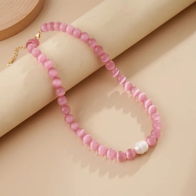 10mm Natural Stone Necklace Natural Cat Eye Beaded Necklace Baroque Pearl Charm Cute Clavicle Chain Jewelry for Women Girls Gift