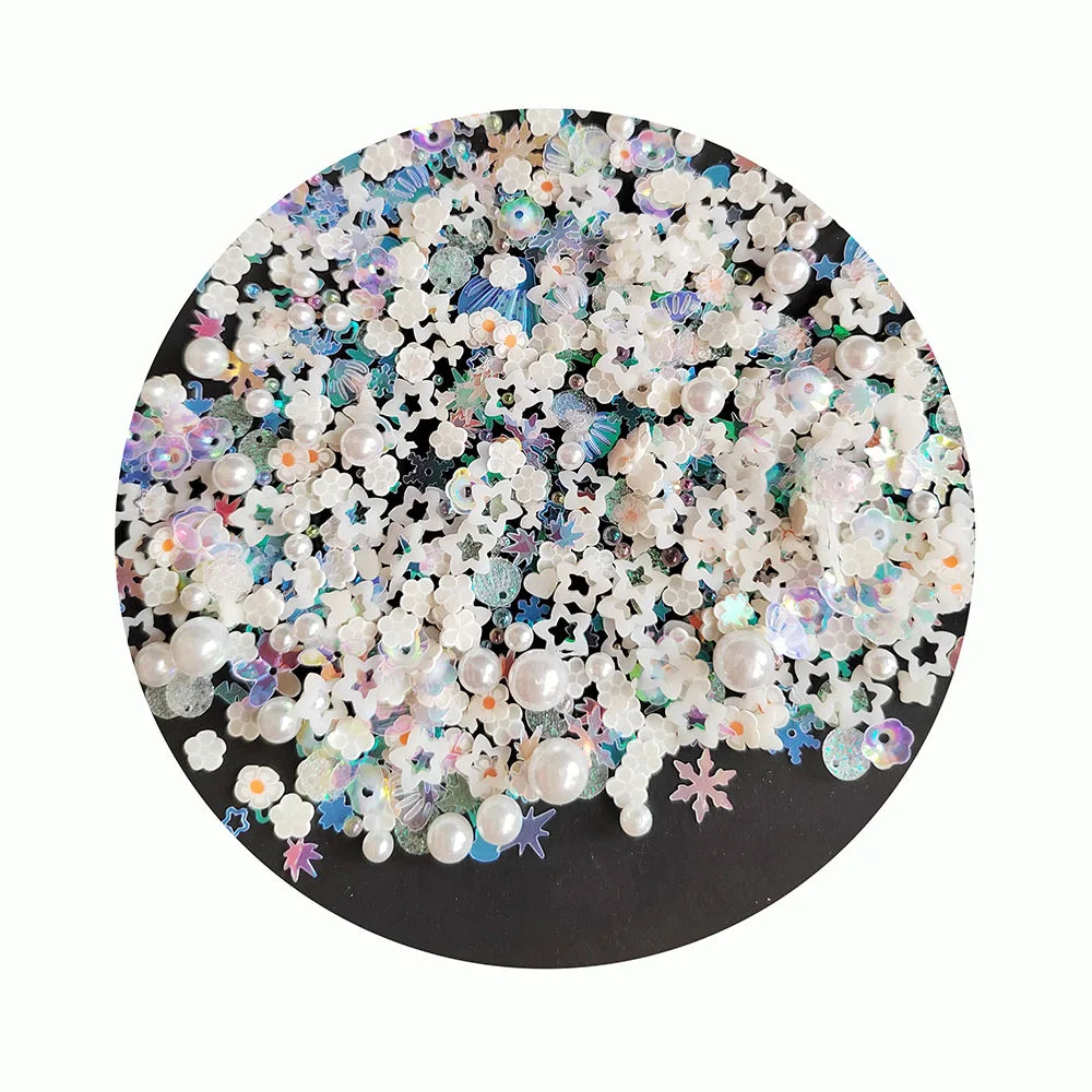Hot Selling Luminous White Daisy Flower Polymer Clay Slices Mix Assorted Glitters Sequins and White Pearls for Jewelry Making