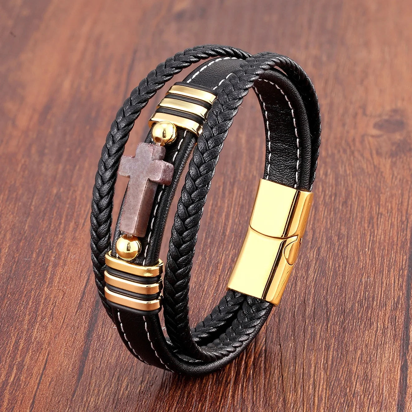 Multilayer Handmade Braided Cross Stone Leather Bracelet Vintage Stainless Steel Magnetic Buckle Leather Bracelet for Men