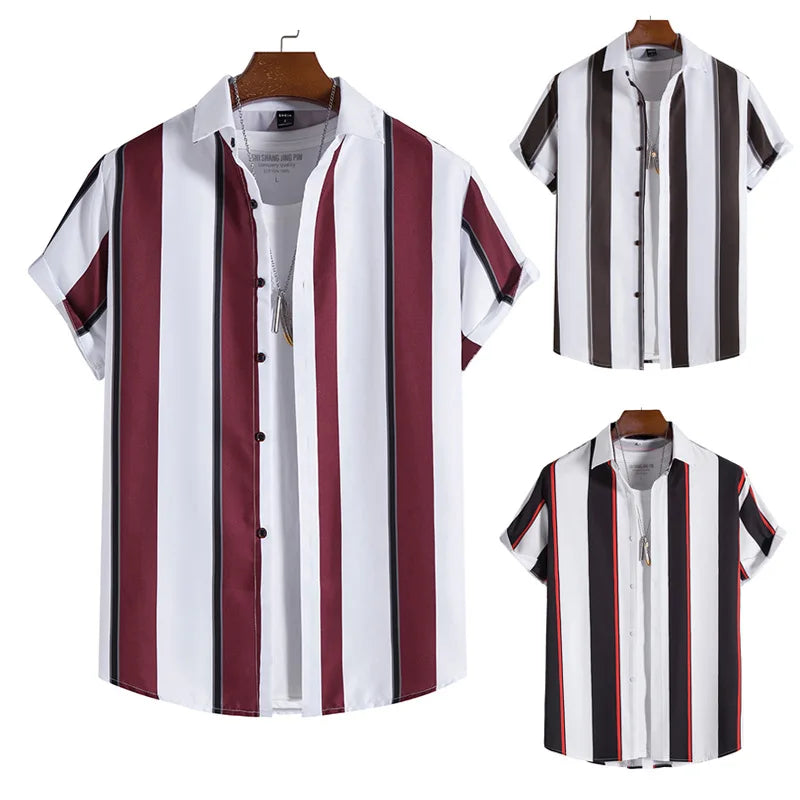 RNSHANGER Hawaiian Shirt Harajuku Stripe Print Loose Fashion Casual Short Sleeve Men's Button Beach Summer Shirts for Men