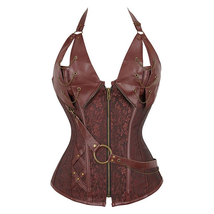 Gothic Overbust Corset Steampunk Halter Neck Corselet Women Korset Faux Leather Bustier Top