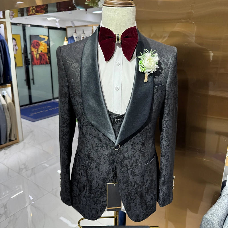 Men's Elegant Three Piece Business Casual Jacquard Wedding Suit Breathable Men's Elegant 3 Piece Suits for Wedding