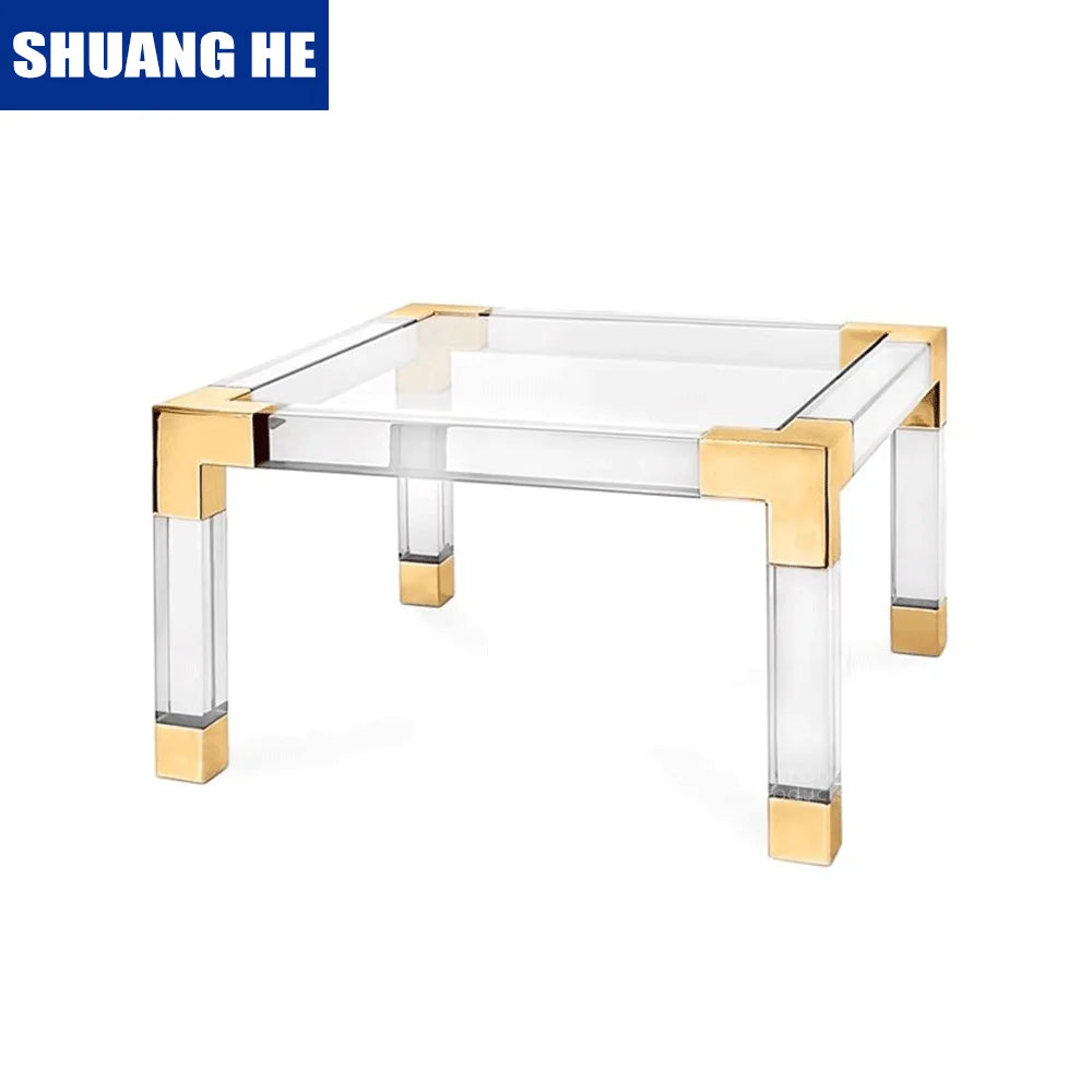 Modern Square Side Table Gold Metal Base with Stainless Steel Clear Acrylic Glass Top Coffee Tea Table Living Room Furniture