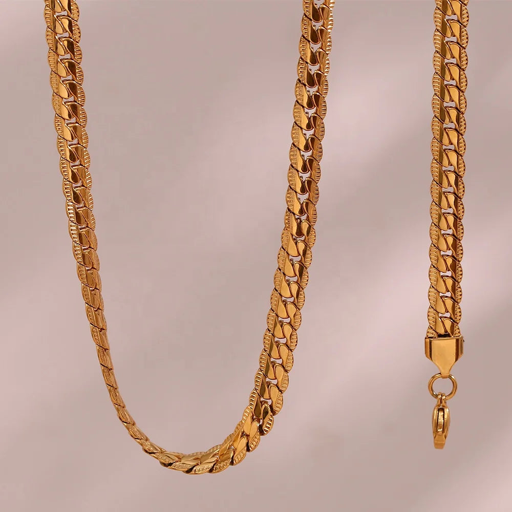 New Design Engraved Cuban Chain Necklace 18K Gold Plated Stainless Steel Choker Necklace Chain Bracelet