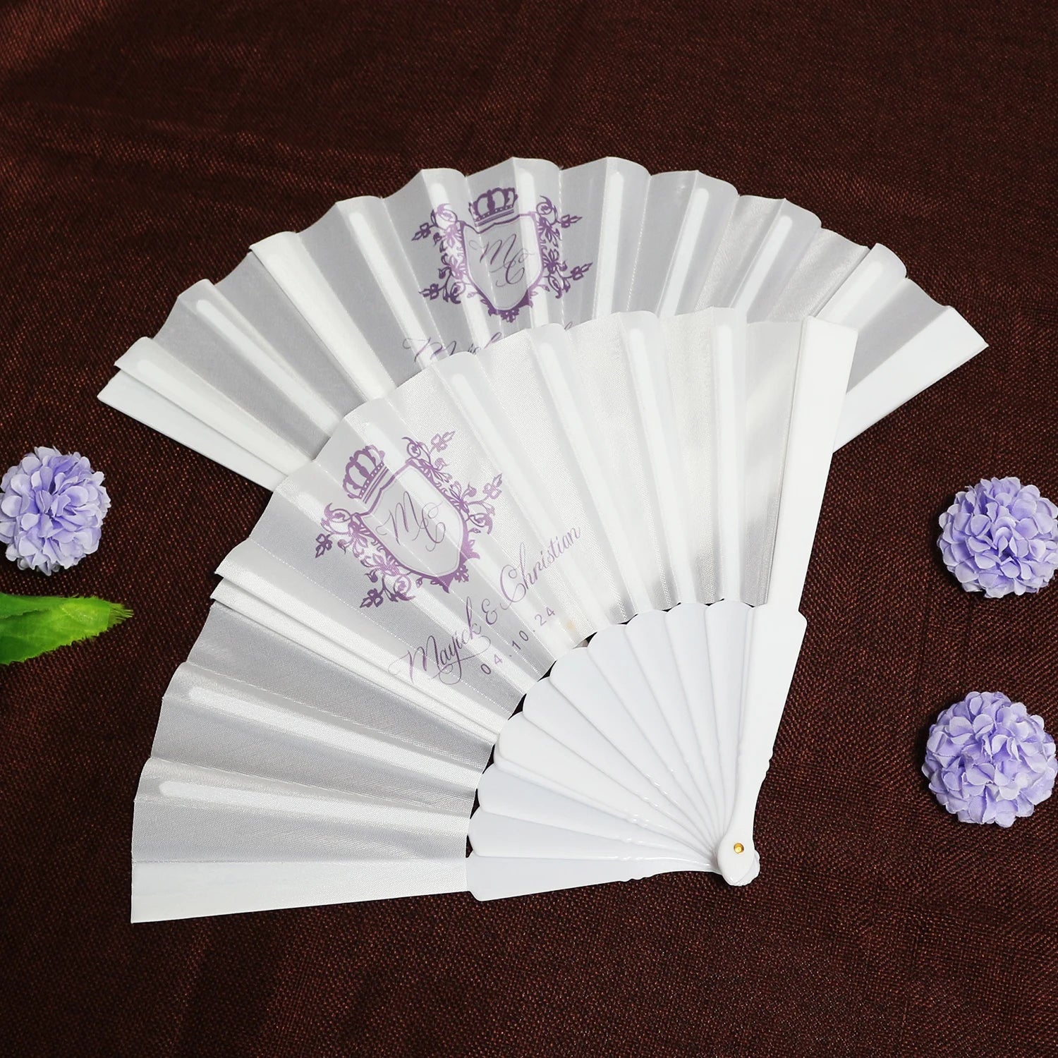 Custom Luxury Logo Printing Smooth Simulate Silk Cloth Plastic Shank Folding Hand Fan for Wedding Favors Guest Maid Gift