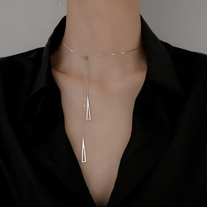 GT Women's Geometric Triangle Adjustable Necklace Long Link Chain with Tassel Clavicle Chain Trendy Alloy Jewelry
