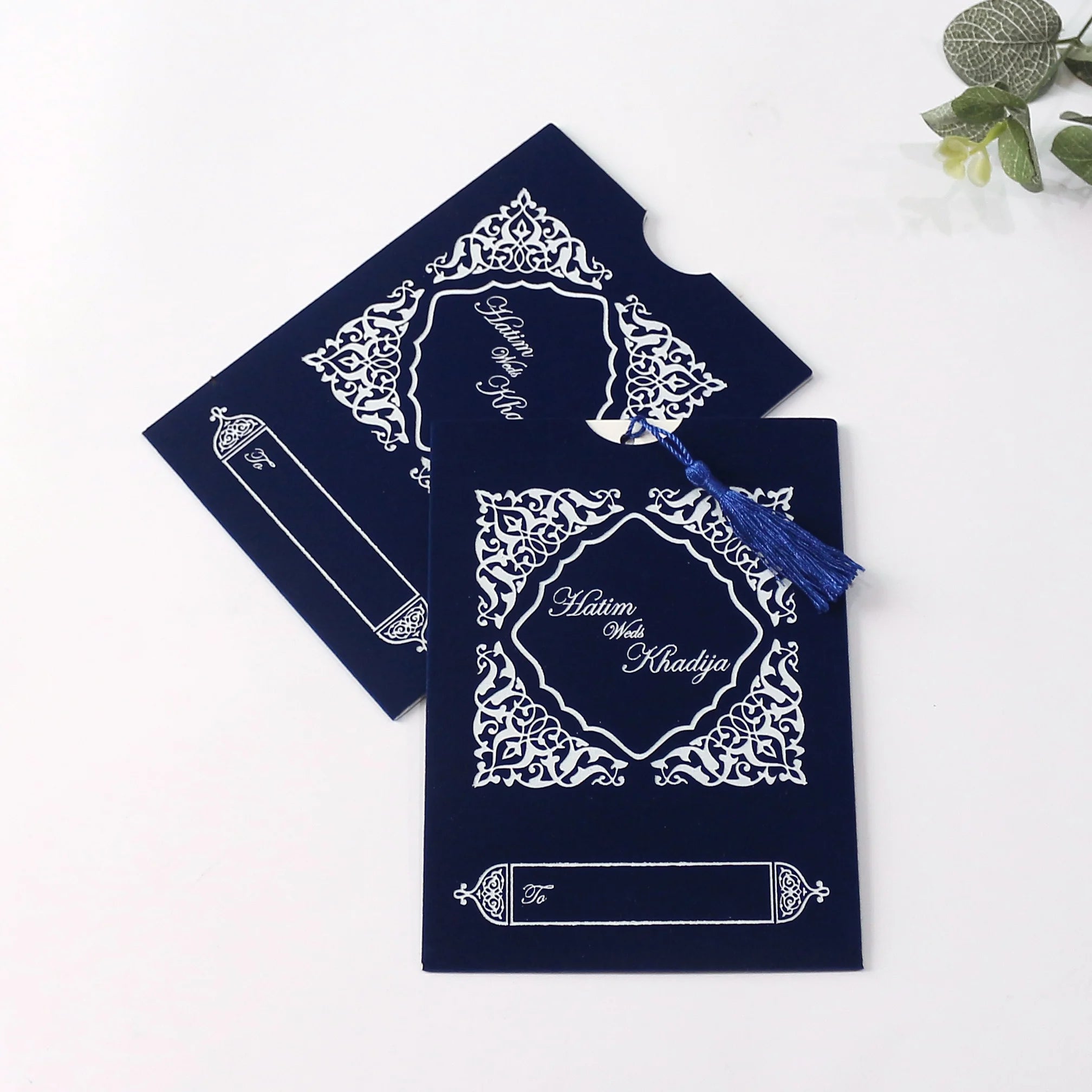 Navy Blue Custom White Foil Velvet Pocket Envelopes for Wedding Cards and Customized Suede Pocket Envelopes