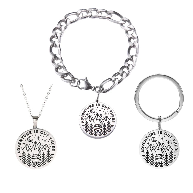 Factory Stainless Steel Adventure Is Out There Graduation Gift Custom Inspirational Bracelets Necklace Key Chain Jewelry Set