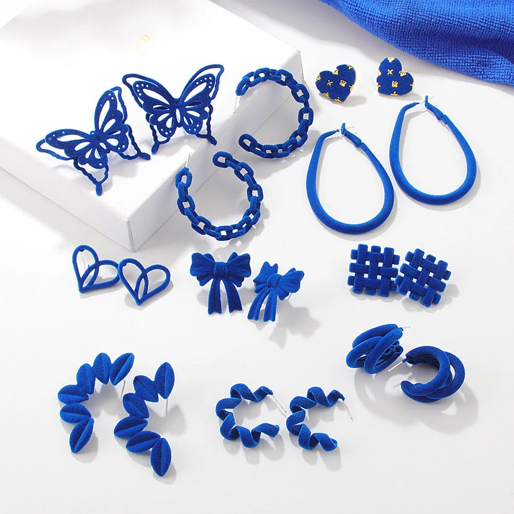 Autumn Winter Blue Retro Series Earrings with Lovely Bow Classic Geometric Flocking Design for Weddings Parties Engagements