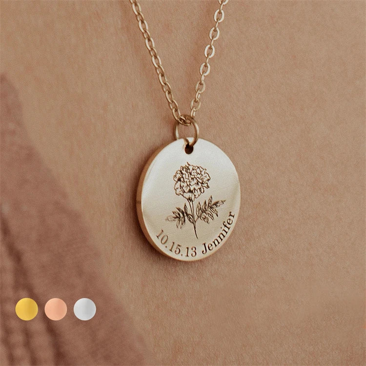Custom Name Birth Month Round Disc Jewelry Stainless Steel Personalized Birth Flower Necklace for Women Mothers Day Gift