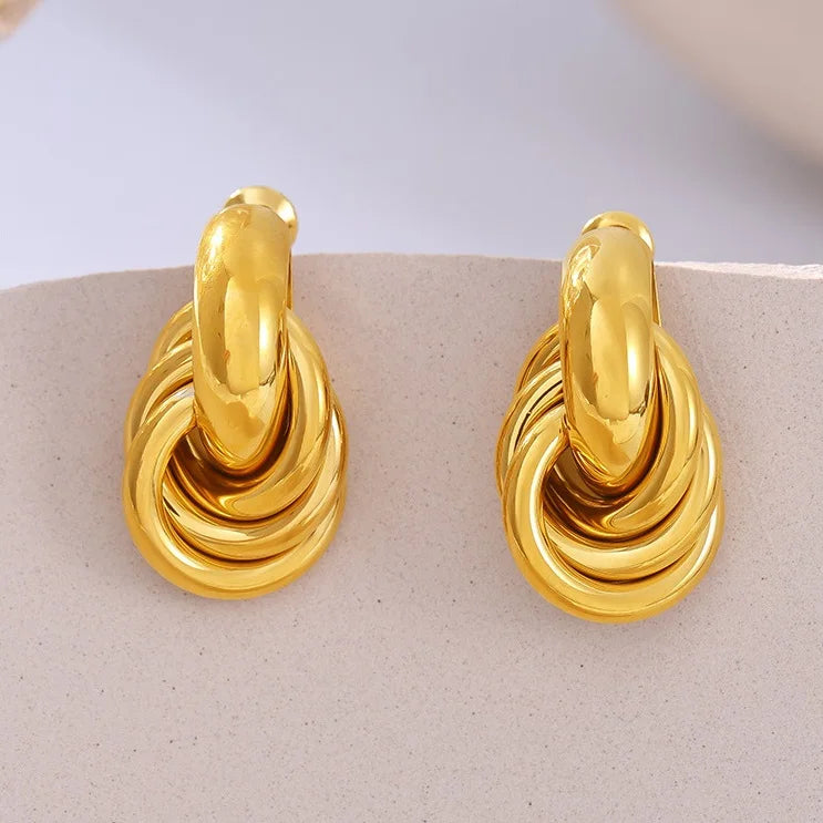 Fashion 18k Gold Plated Stainless Steel Stud Earrings Vintage Texture Multi Circle Drop Earring for Women Daily Wear Jewlery