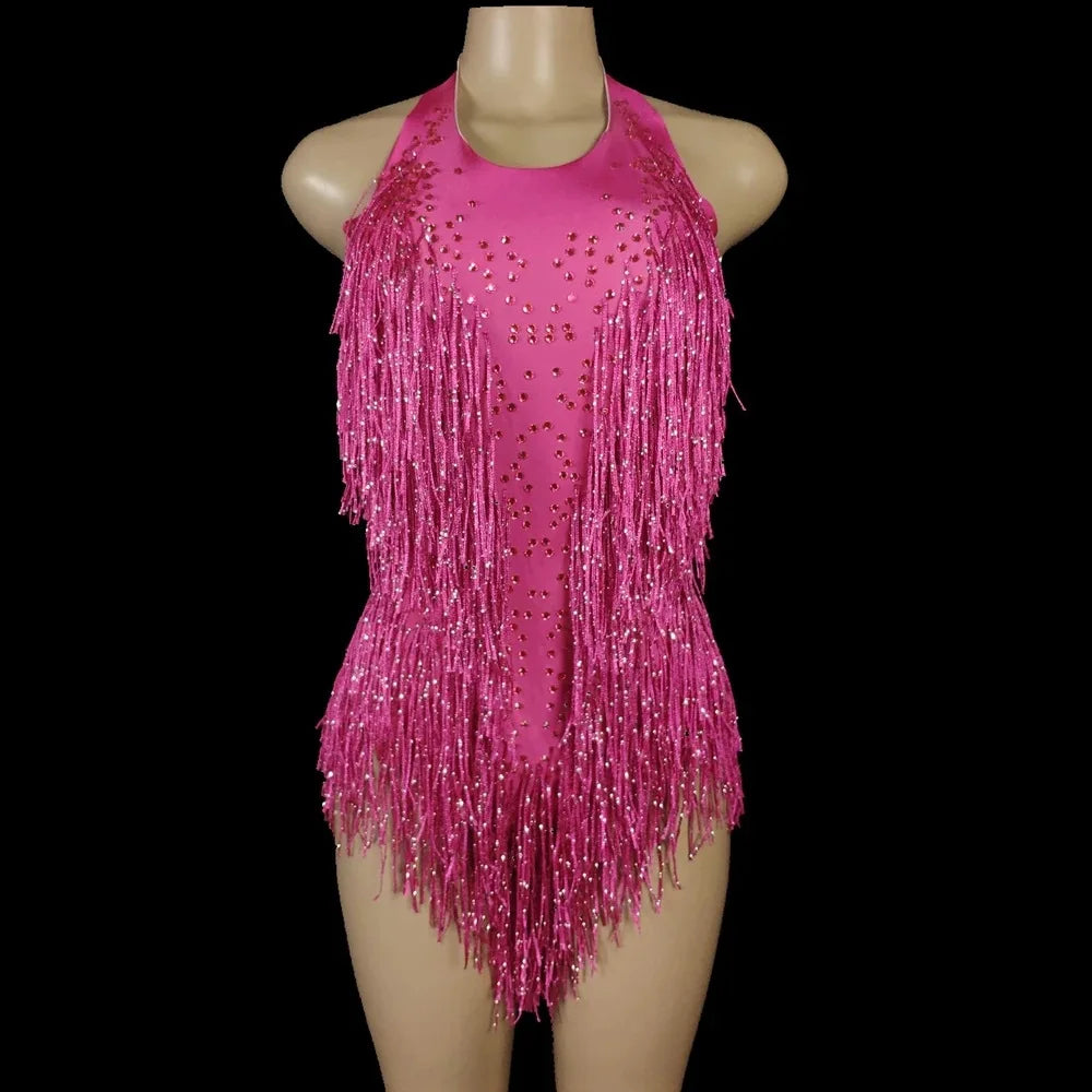 Tassel Bright Sleeveless Romper Dance Performance Dress Latin Competition Practice Sexy One Piece Plus Size Women's Jumpsuit