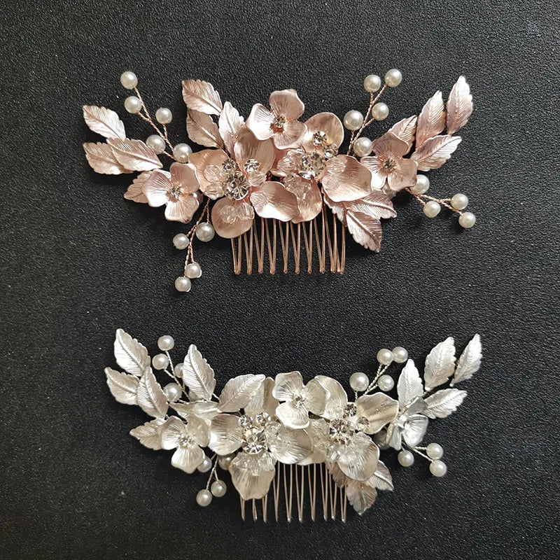 SLBRIDAL Handmade Alloy Leaf Rose Gold Crystal Rhinestones Wedding Hair Comb Bridal Headpiece Hair Accessories Women Jewelry