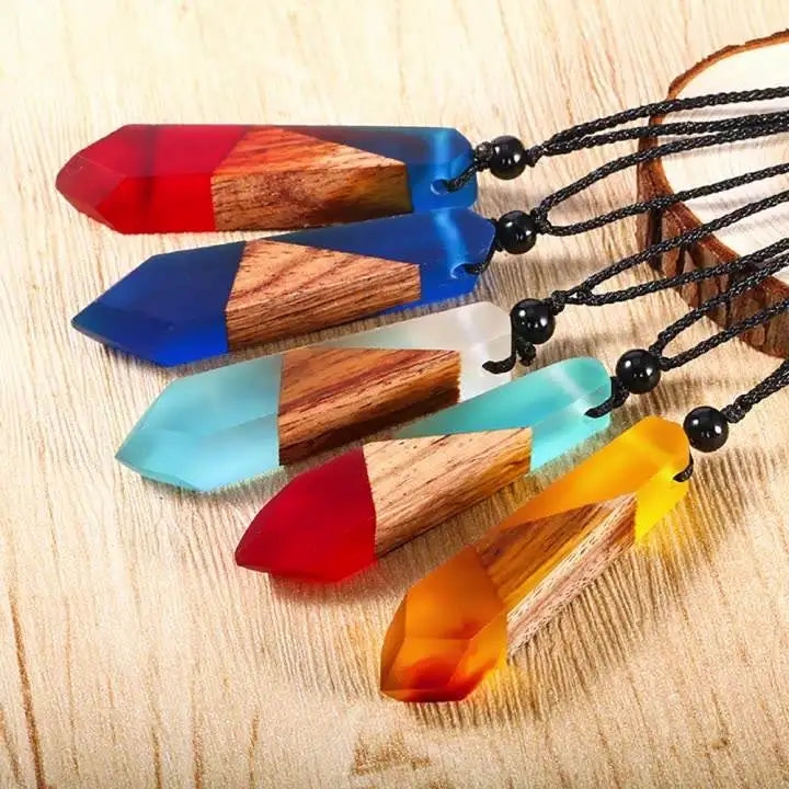 Handmade Wood Resin Necklace Pendant Long Adjustable Rope Chain Natural Wooden Necklace Jewelry Gifts