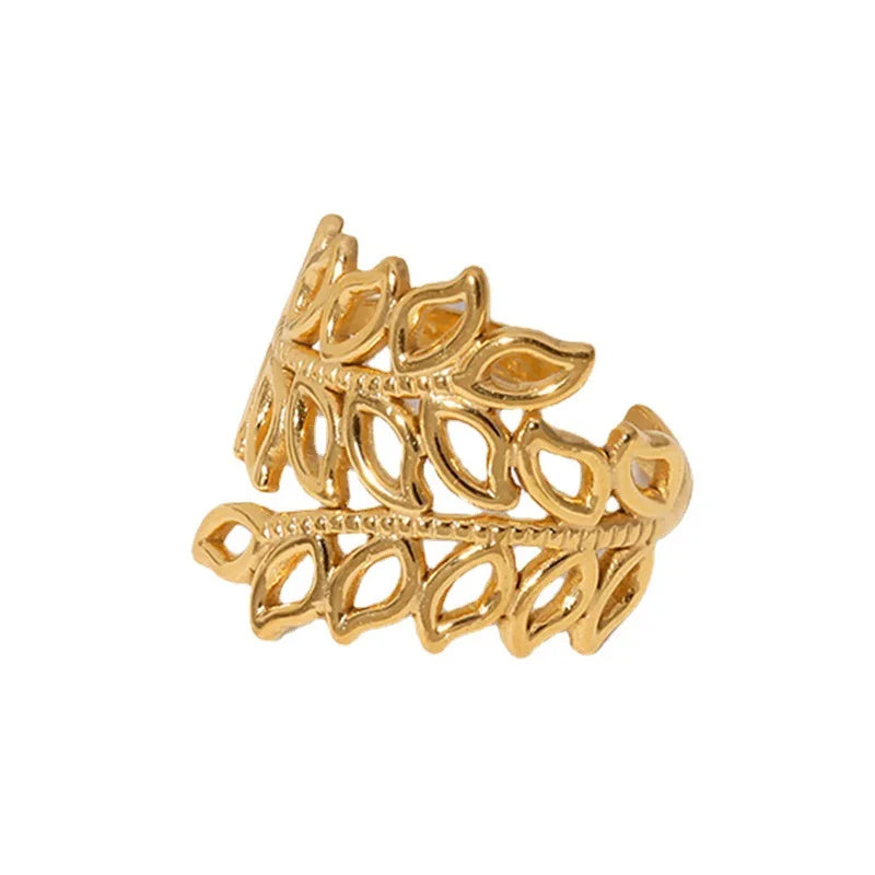 BM Fashion Waterproof Women Jewelry Stainless Steel Hollow Gold Leaf Rings