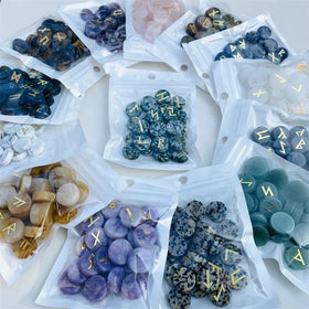 Natural Gold Symbol 25pcs Set Polished Chakra Rose Quartz Obsidian Amethyst Crystal Runes Stone Set