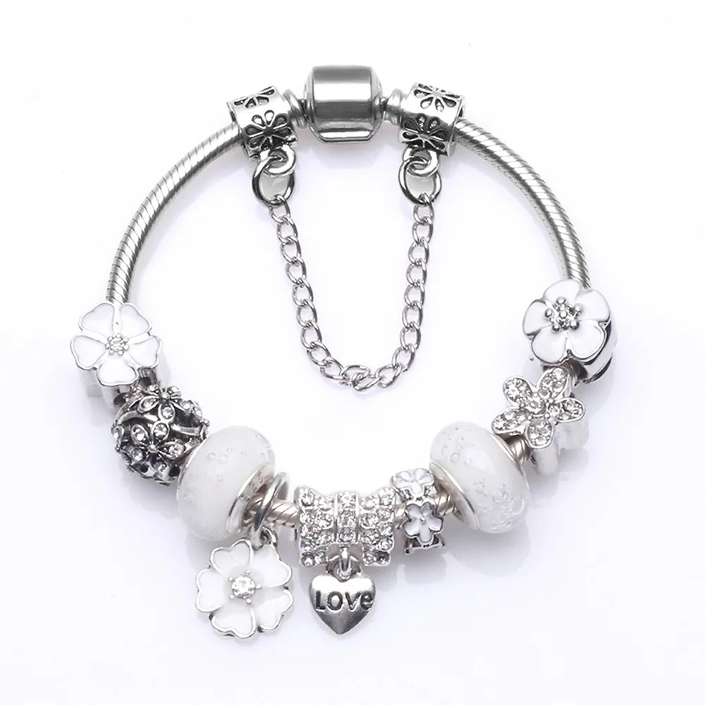 Hot Sell Vintage Silver Color Charms Bracelets DIY Crystal Beads Brand Bracelets Women Jewelry Pulseira