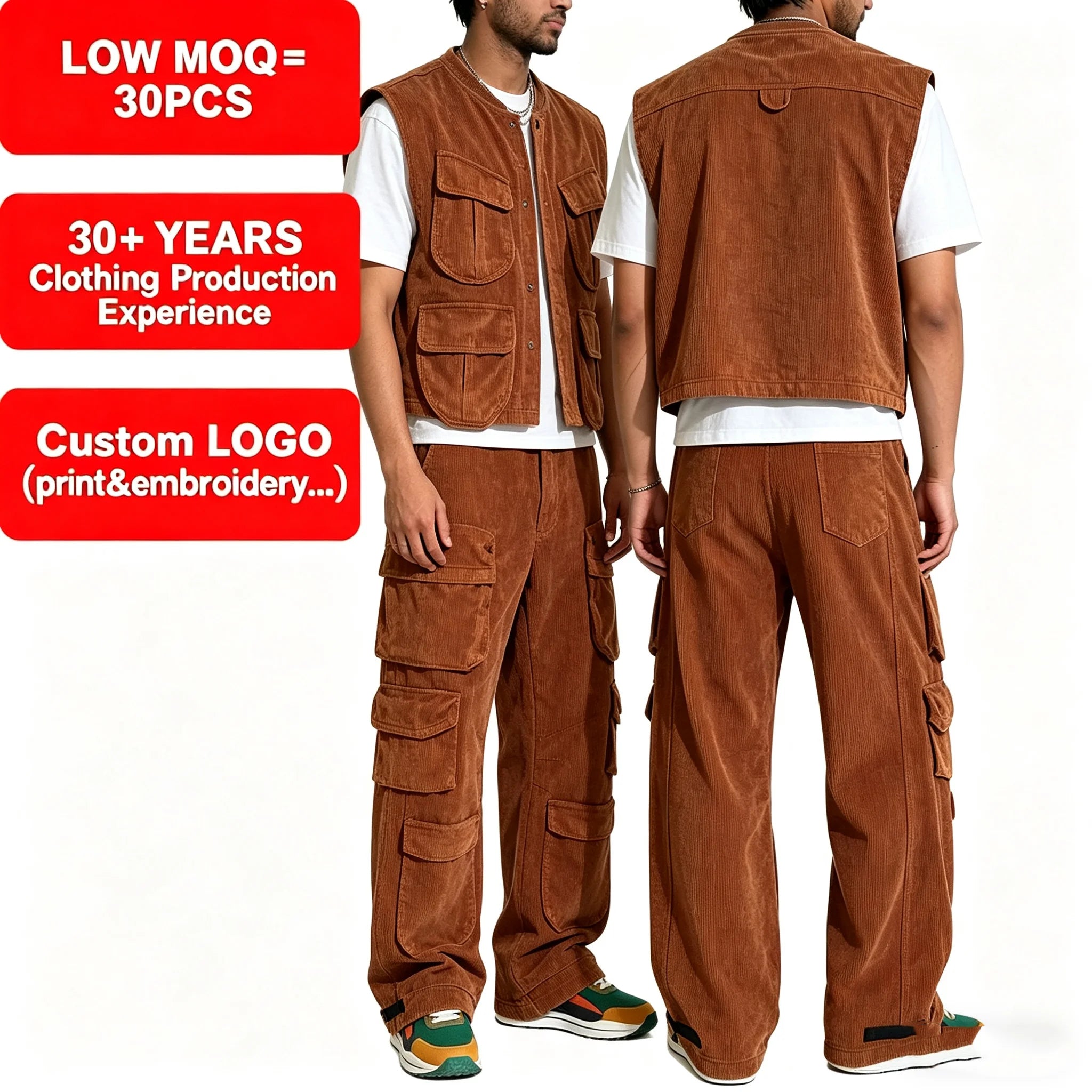 Mens Corduroy Cargo Set Multi Pocket Vest and Pants Two Piece Casual Streetwear Outfit Baggy Fit Workwear for Men Daily Wear
