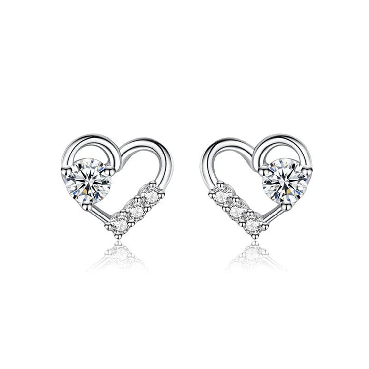 Fashion 925 Sterling Silver Women Exquisite CZ Diamond Simple Heart-shaped Stud Earrings