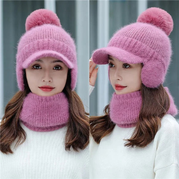 2022 Winter Earflaps Warm Hats Scarf Set for Women Breathable Outdoor Ear Protection Knitted Hat Bonnet Brim Cap