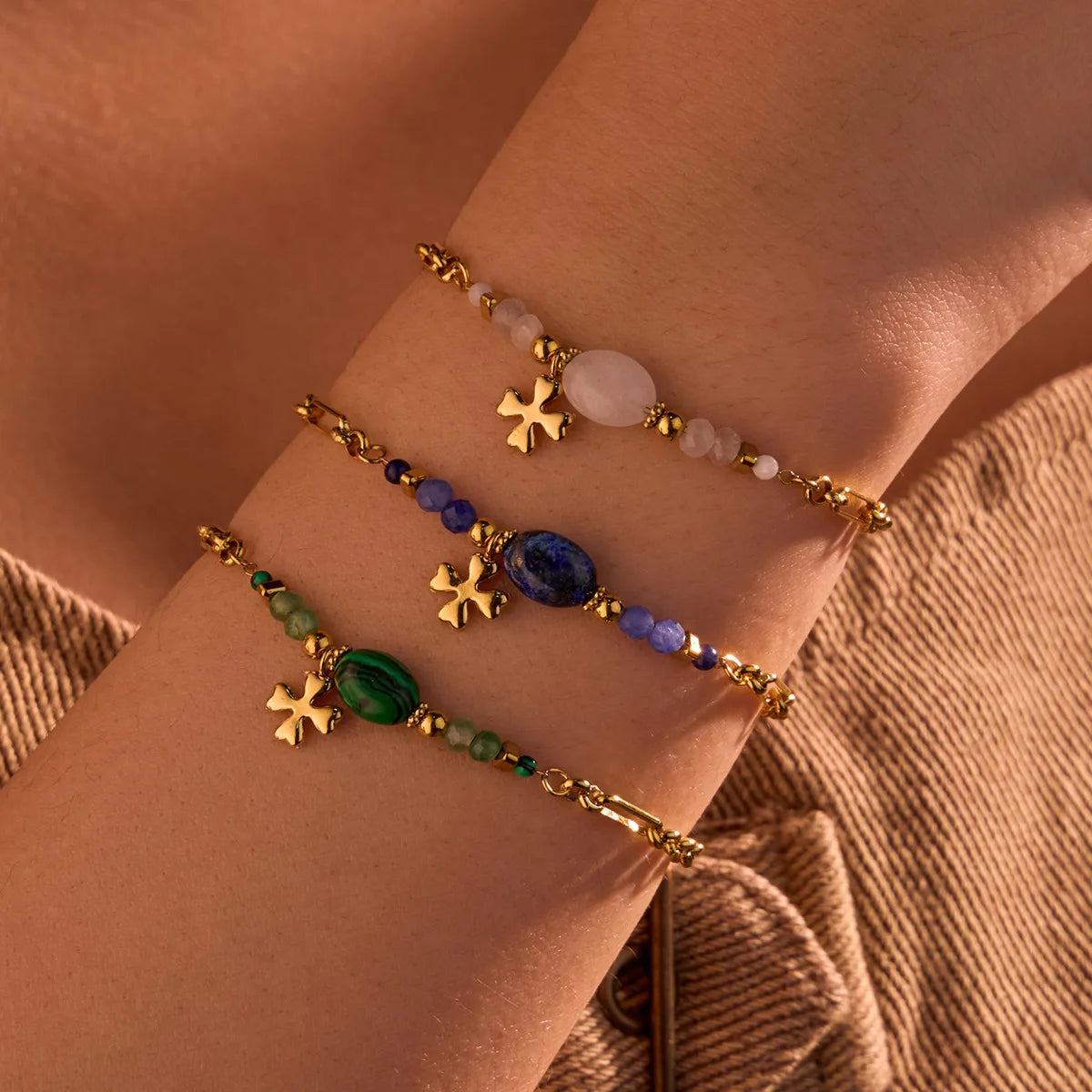 Fashion Stainless Steel 18k Gold Pleated Jewelry Chain Paper Clip Natural Stone Bead Cross Bracelets Bangles  for Women
