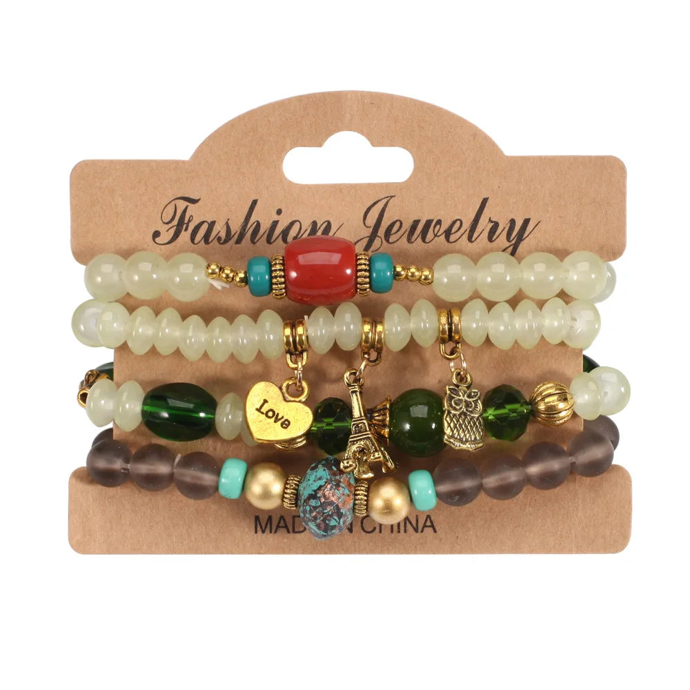 4pcs Bohemian Stackable Glass Beads Bracelets for Women Tower Owl Love Heart Charms Jewelry Stretch Layered Bracelet Set