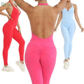 2024 New Sexy Back One Piece Yoga Jumpsuit Ladies Gym Wear Backless Halter Neck Pleated Pocket Jumpsuit Set for Women