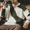 OEM Custom Men's Oversized Wool Knitted Pullover Dual Color Blocking Design Breathable Jacquard Crew Neck Sweater for Winter