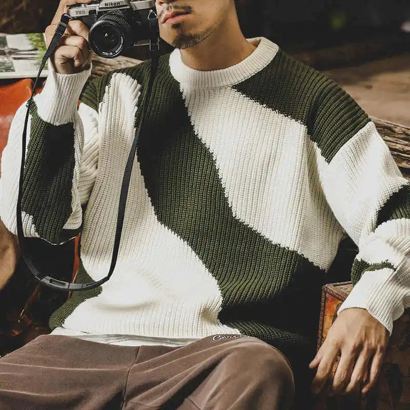OEM Custom Men's Oversized Wool Knitted Pullover Dual Color Blocking Design Breathable Jacquard Crew Neck Sweater for Winter