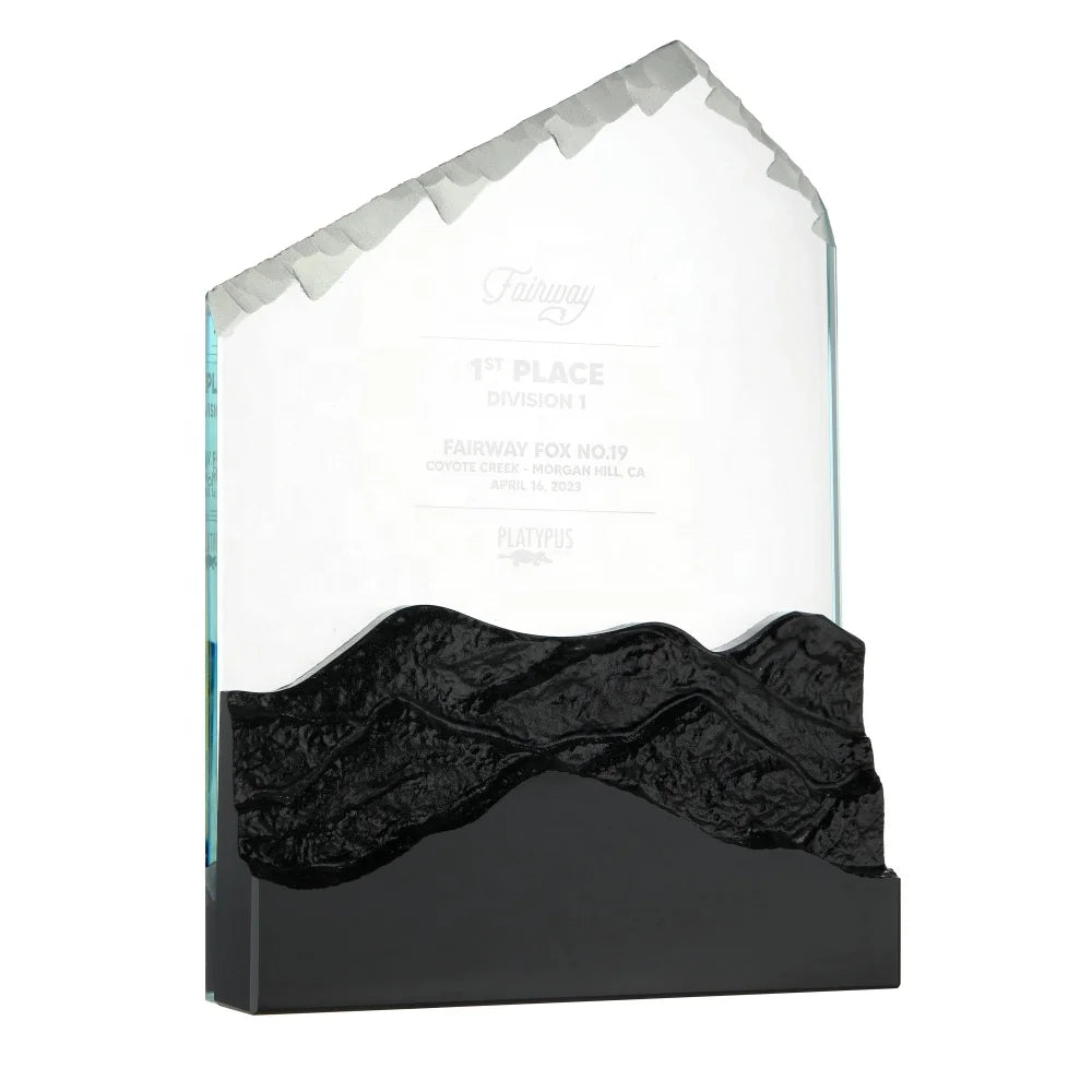 ADL New Design Mountain Peak Black White Crystal Glass Award Trophy with Stone Base for the First One Trophy
