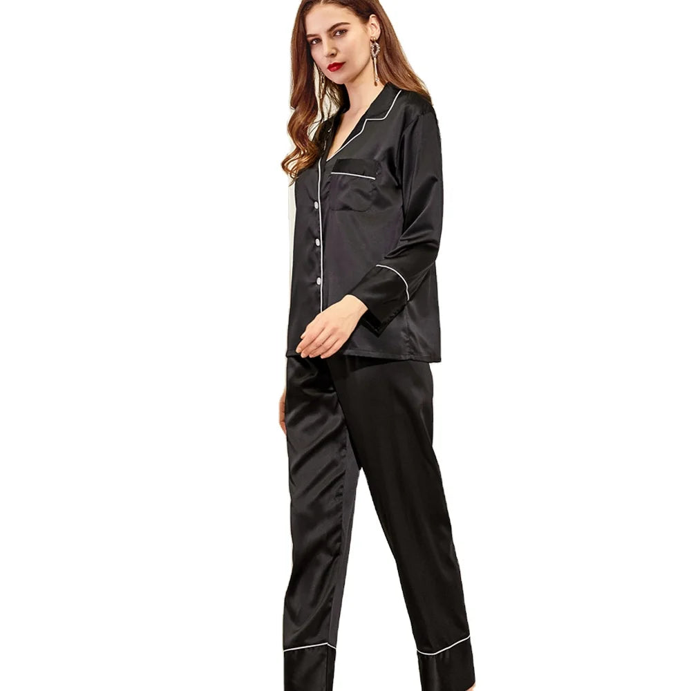 Fung 6001 Custom Autumn Winter Ladies Women Piping Pyjamas Silk Satin Long Outfit Luxury Pijamas Pajamas Set for Woman