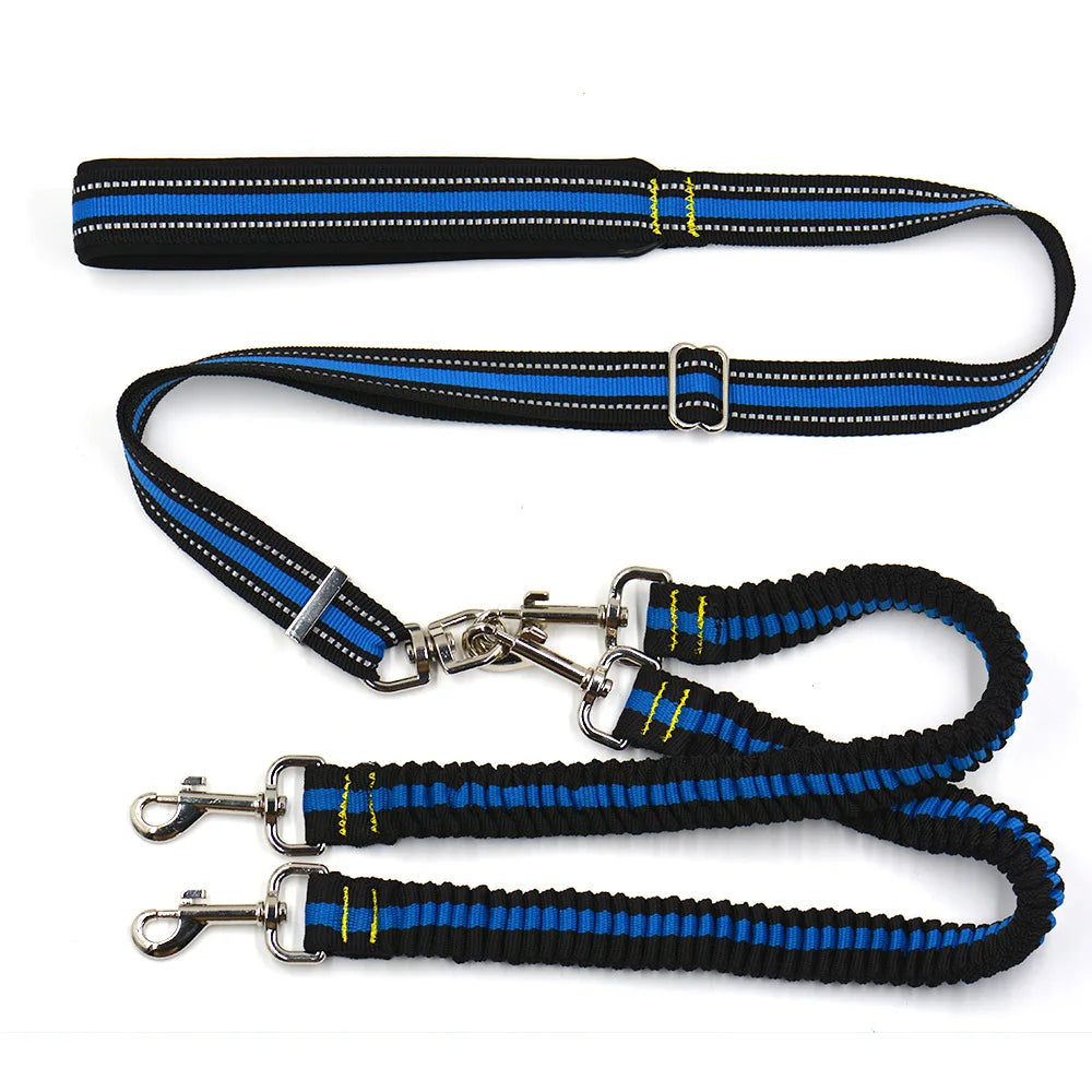 2025 Custom Personalized 2 in 1 Adjustable Nylon Double Bungee Dog Leash Elastic High Quality for Two Dogs Pet Walking Lead