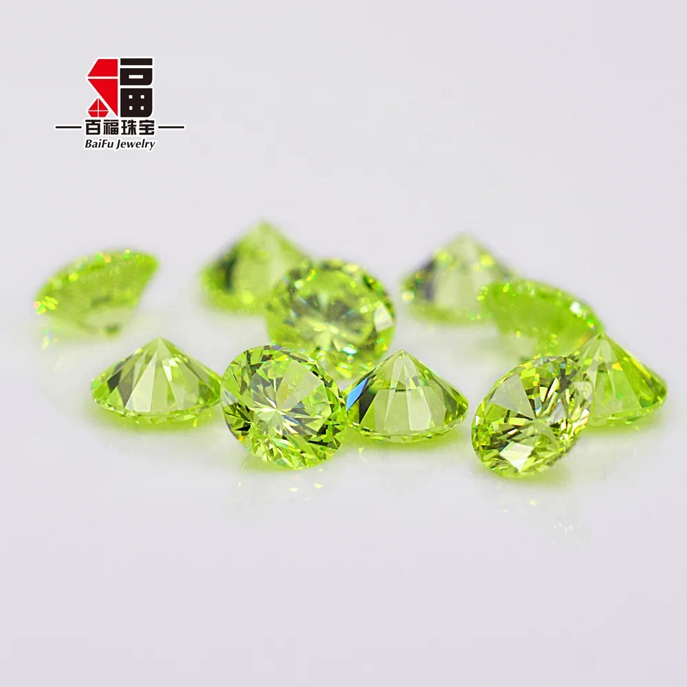 Baifu Loose Peridot CZ Stone Round Brilliant Cut 1.0-3.0mm 5A Quality Cubic Zirconia