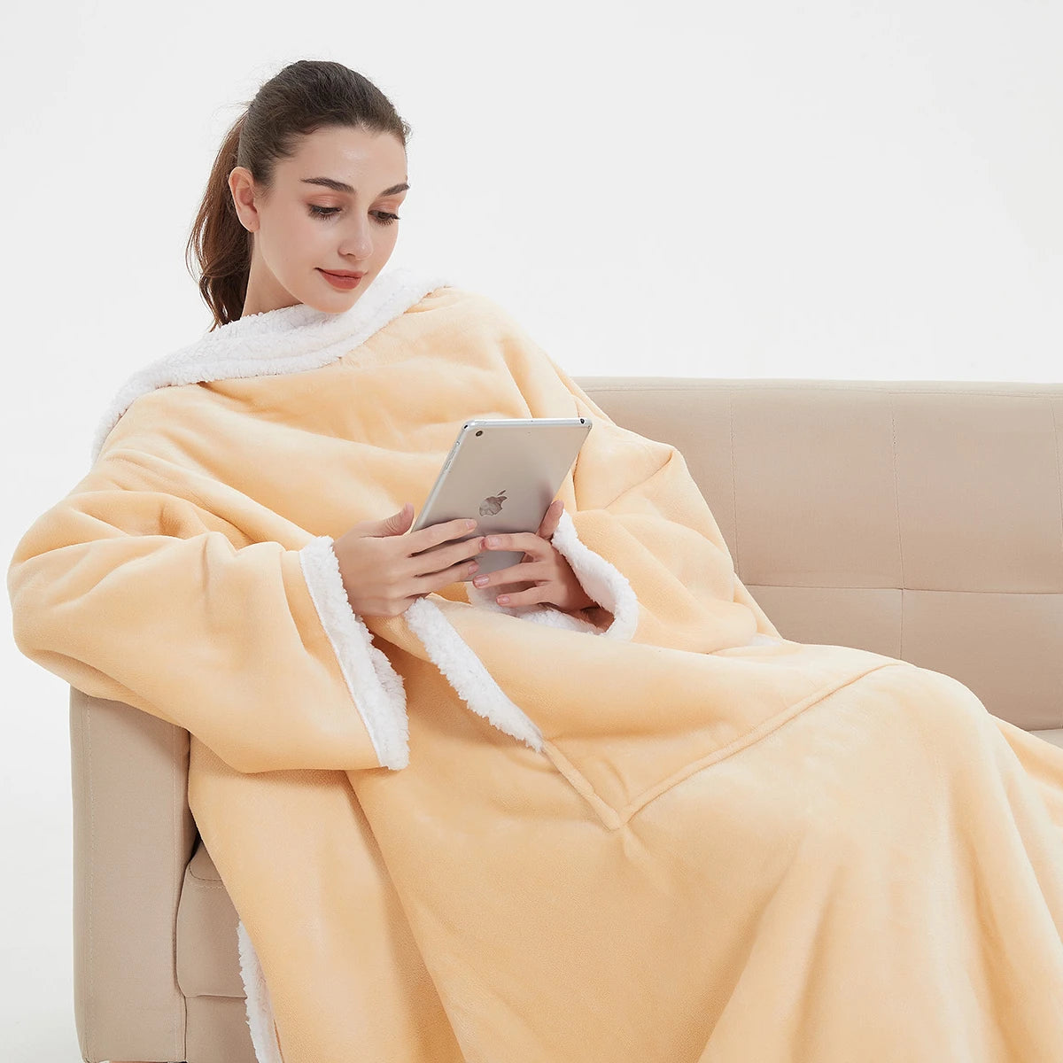 Double or Single Size Super Soft Warm Large Fleece Plush Sleeved TV Throws Wrap Sherpa Blanket Wearable Blanket with Sleeves