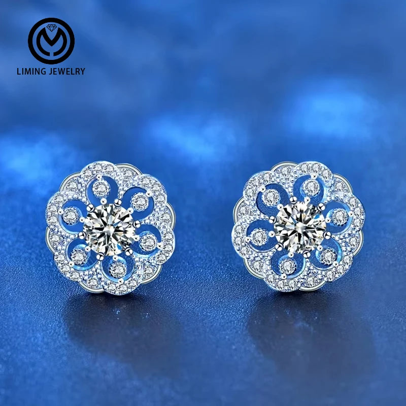 XEA005 Fashion Genuine Hollow 925 Sterling Silver 0.5ct Moissanite Diamond Snowflake Stud Earrings for Wedding Fine Jewelry